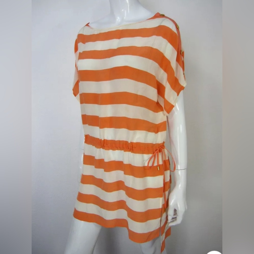 Escada Coral and White Stripe Silk Tunic Tie Top